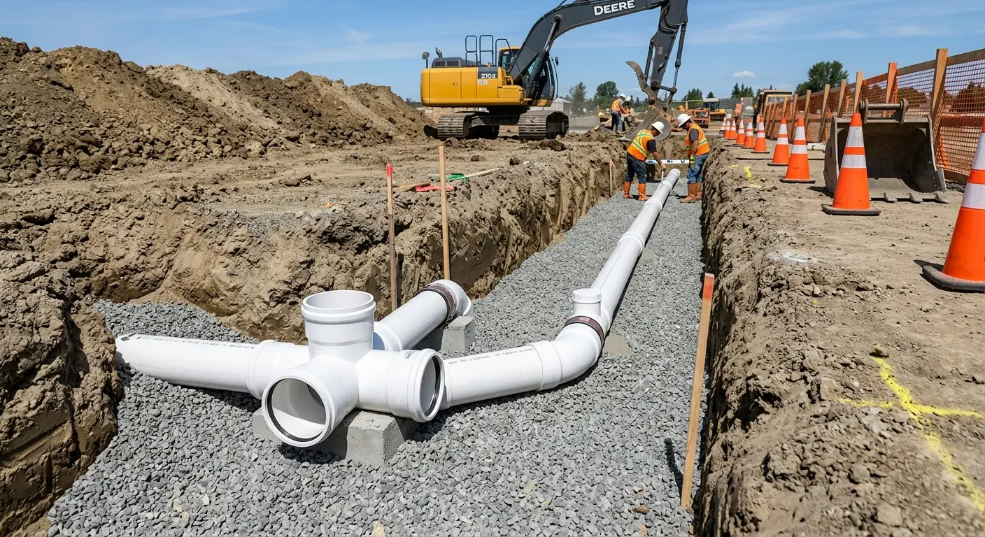 New PVC sewer pipe installation in open trench for Sewer Camera Inspection in Florence