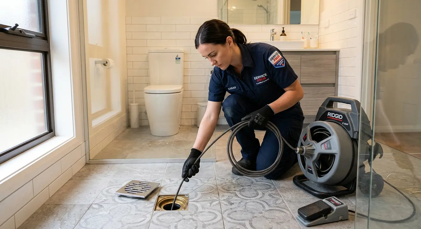 Technician clearing a bathroom floor drain for Clogged Drain Repair in Florence